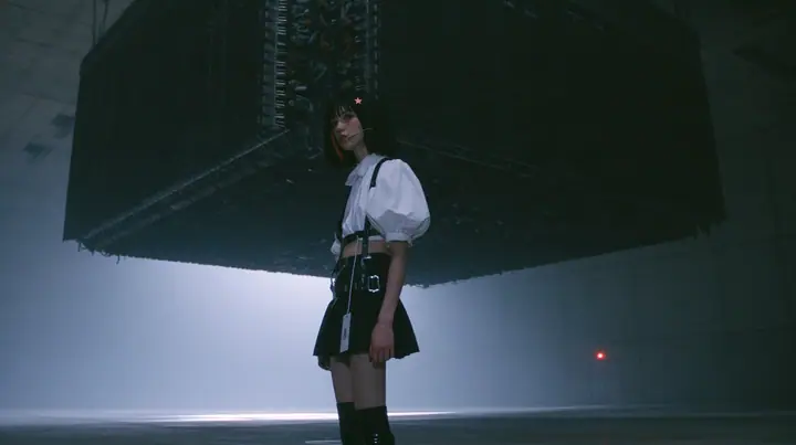 a colossal mechanical split-flap departures board hanging in a dark concrete hall, all flaps blank black, a young Caucasian American woman with pale skin and light freckles, a glossy black blunt jaw-length bob with…