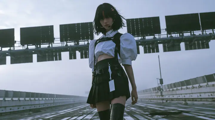 a young Caucasian American woman with pale skin and light freckles, a glossy black blunt jaw-length bob with heavy bangs and one clay-orange streak through the bangs, a small flat clay-orange eight-pointed star hair…