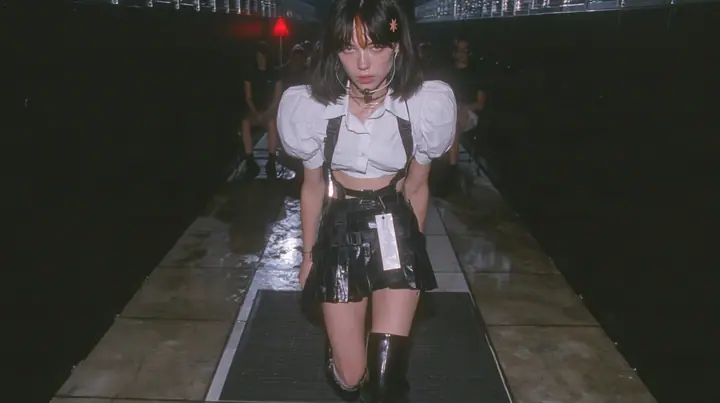 low-angle full-length view of a young Caucasian American woman with pale skin and light freckles, a glossy black blunt jaw-length bob with heavy bangs and one clay-orange streak through the bangs, a small flat…