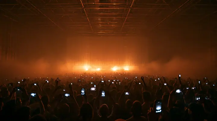 a dark crowd of front-row spectators raising glowing phones above their heads in a data hall, backlit fog, warm light from a giant board behind, blue-black night turning to first light, clay-orange #D97757 light as…