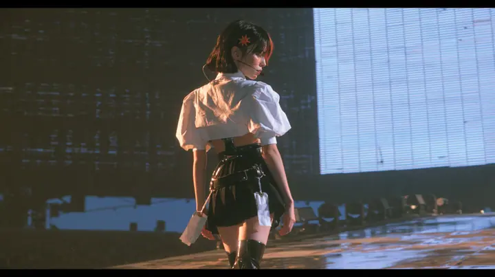 a young Caucasian American woman with pale skin and light freckles, a glossy black blunt jaw-length bob with heavy bangs and one clay-orange streak through the bangs, a small flat clay-orange eight-pointed star hair…