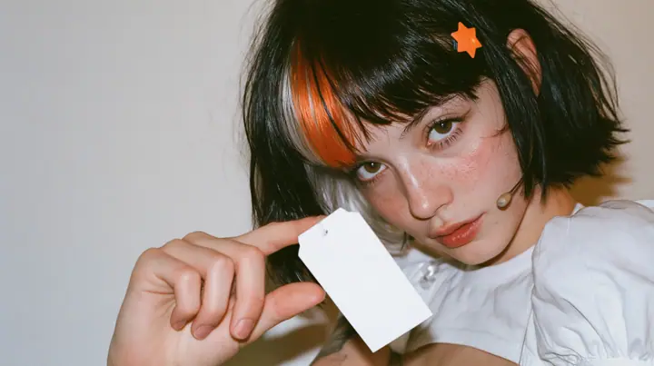 medium close-up of a young Caucasian American woman with pale skin and light freckles, a glossy black blunt jaw-length bob with heavy bangs and one clay-orange streak through the bangs, a small flat clay-orange…