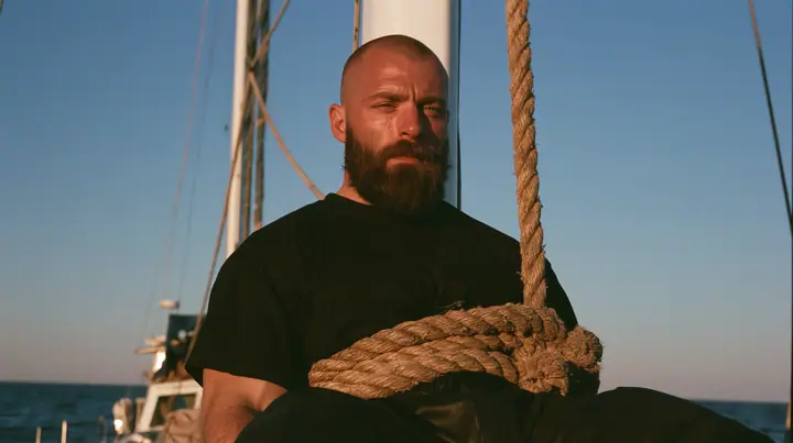 medium close-up of a broad-shouldered Caucasian man in his early thirties with a shaved head, a thick short dark beard, a square jaw, heavy brows and pale blue eyes, the build of a man who lifts, in a plain black…