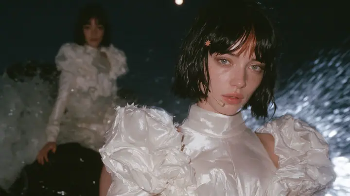 wide shot of a Caucasian American woman in her mid-twenties with pale skin and light freckles, a glossy black blunt jaw-length bob with heavy straight bangs and one clay-orange streak through the bangs, a small flat…