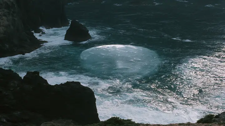 aerial photograph of a dark sea beside black rocks, just beneath the surface a colossal pale smooth oval shape like a face, barely visible, moonlight on the water, night, moonlight on a black-teal sea, silver spray,…
