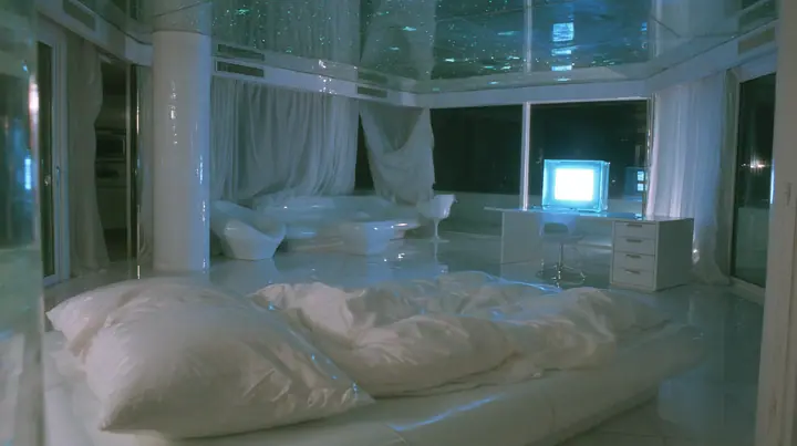 Y2K high fashion editorial photograph, 2001: first-person view from the pillow of a white low bed in a 2001 high-fashion minimalist white loft apartment with molded white plastic furniture, a white lacquer desk,…