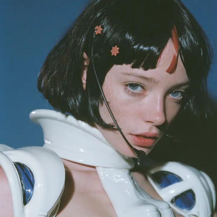 Y2K high fashion editorial, a 2001 couture magazine story: a square beauty portrait of a Caucasian American woman in her mid-twenties with pale skin and light freckles, a glossy black blunt jaw-length bob with heavy…