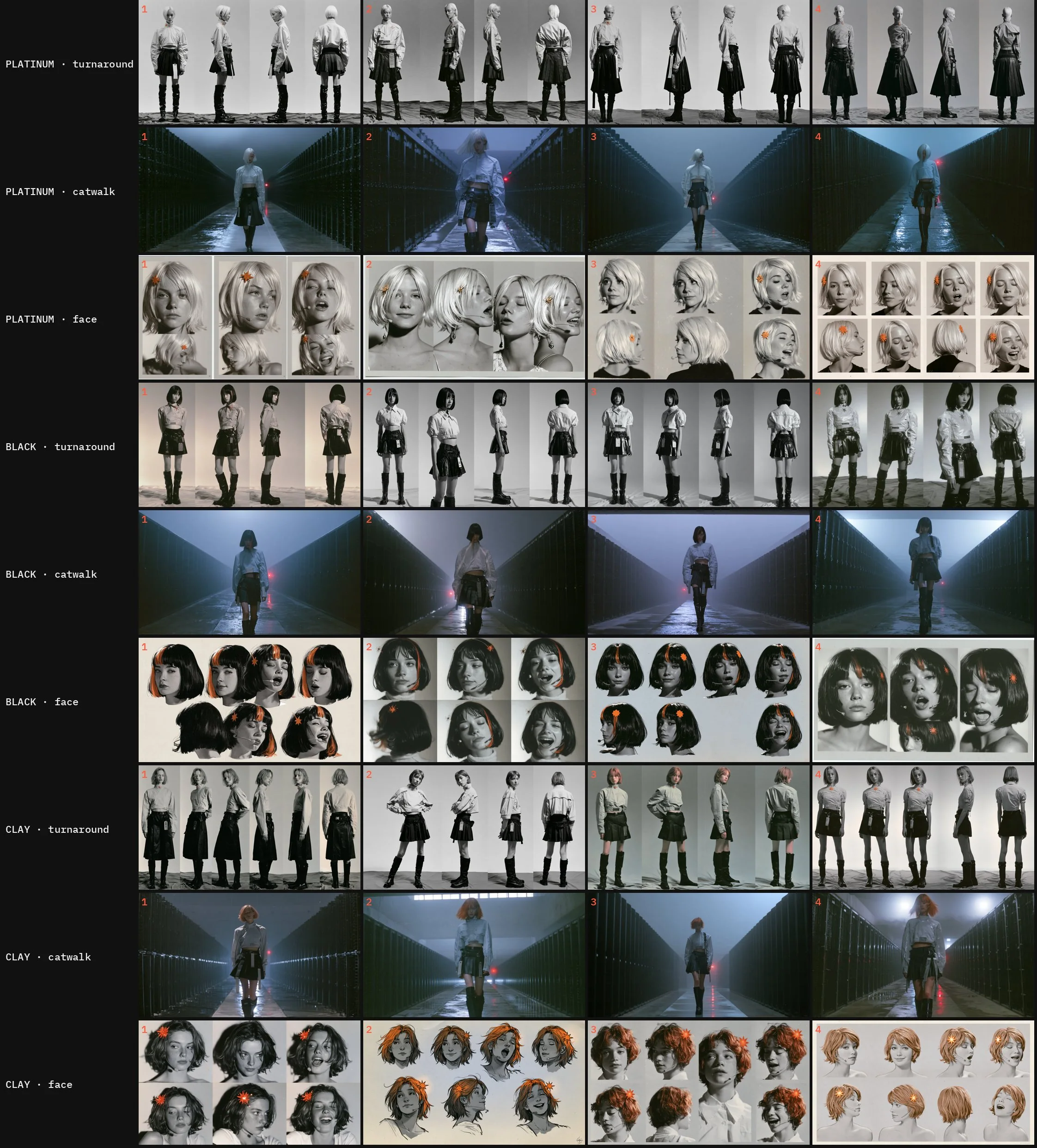 The first casting batch: three hair directions, each as a turnaround, a catwalk test and a face sheet.
